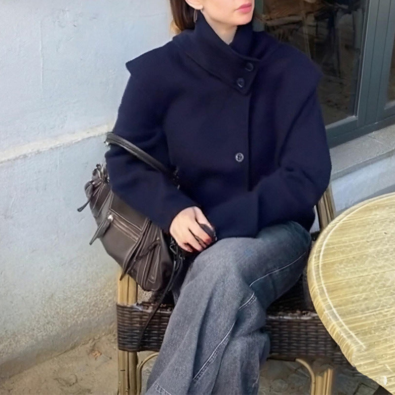 Damen Modische Oversized Jacke mit hochschließendem Kragen und Knopfdetails Drune
