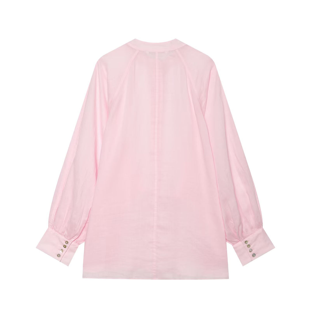 Damen Oversize-Bluse mit Stehkragen, durchgehender Knopfleiste und ballonärmeln Drune