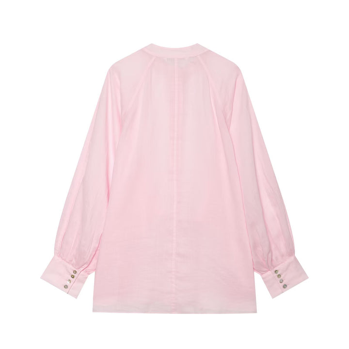 Damen Oversize-Bluse mit Stehkragen, durchgehender Knopfleiste und ballonärmeln Drune