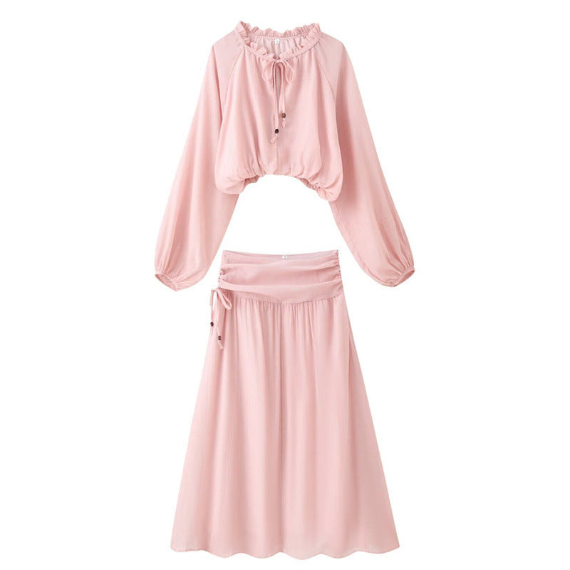 Damen Zweiteiliges Boho-Set mit verkürzter Rüschenbluse, Ballonärmeln und hochtailliertem Maxirock Drune