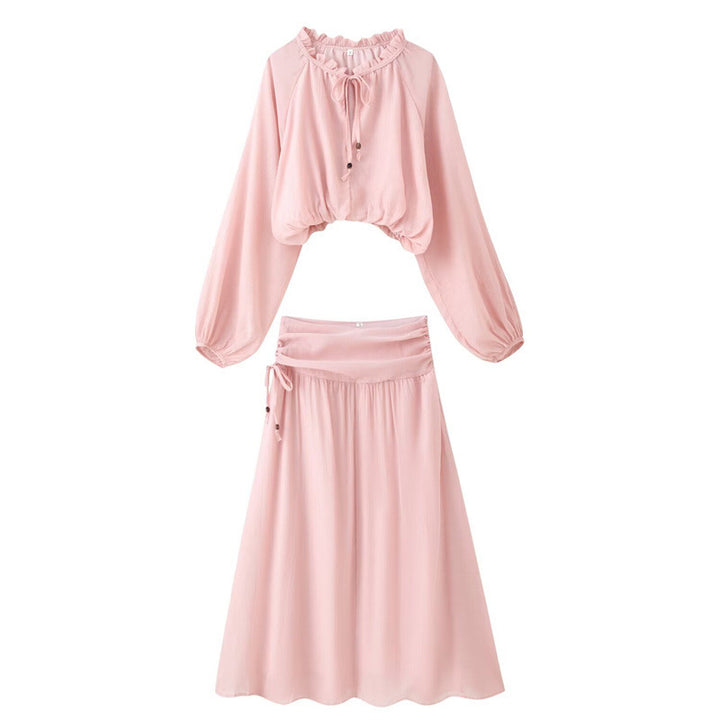 Damen Zweiteiliges Boho-Set mit verkürzter Rüschenbluse, Ballonärmeln und hochtailliertem Maxirock Drune