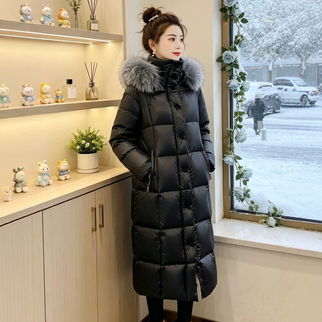 Damen Lange Daunenjacke mit Kunstfellkragen Drune