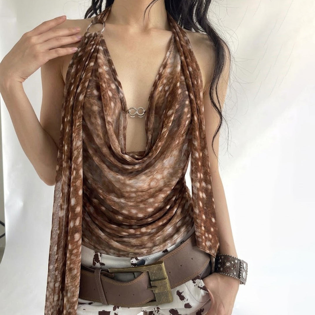 Damen modisches Wickeloberteil mit transparentem Design und langen Bändern Drune
