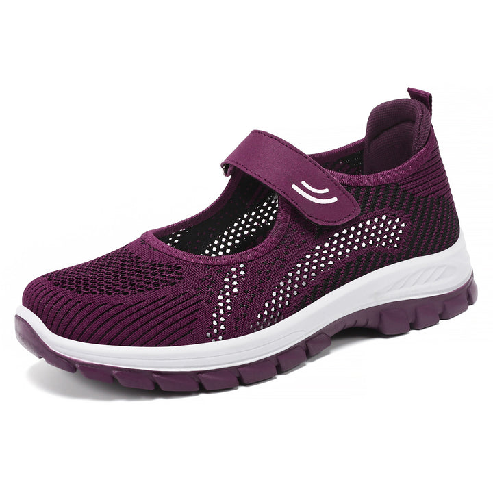 Damen nan atmungsaktive Strick-Mary-Jane-Sneaker mit Klettverschluss, perforiertem Obermaterial und stoßdämpfender EVA-Zwischensohle Drune