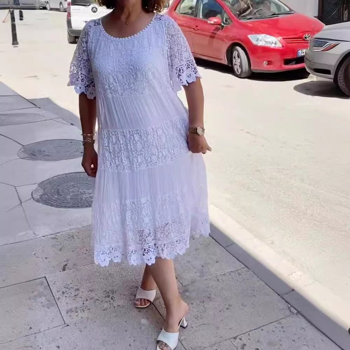 Damen nan Midikleid mit Spitzenstufen, Plissee‑Einsätzen und kurzen Trompetenärmeln Drune