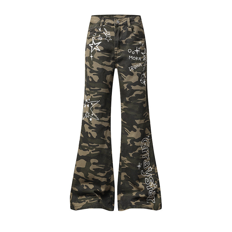 Damen Weite High‑Waist Palazzo‑Jeans im Camouflage‑Print mit Stern‑ und Schriftapplikationen, Schlaghose Drune
