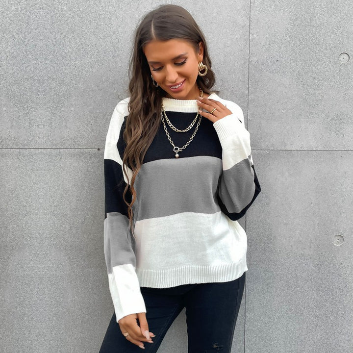 Damen Lässiger Strickpullover mit Farbblock-Design Drune