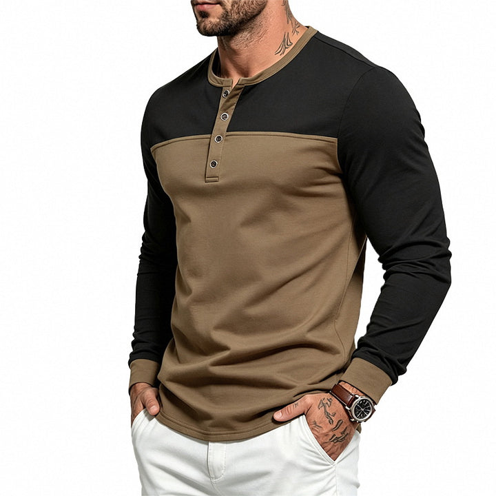 Herren Slim-Fit Henley-Langarmshirt mit kontrastiertem Einsatz und Knopfleiste Drune