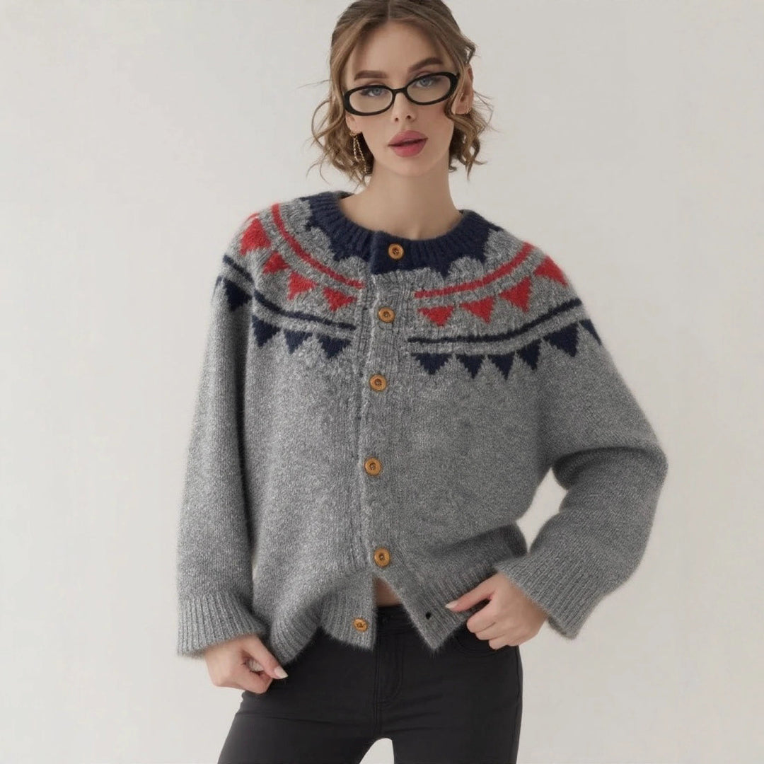 Damen kuscheliger Strickcardigan mit grafischem Norweger-Muster und Holzknopfdetails Drune