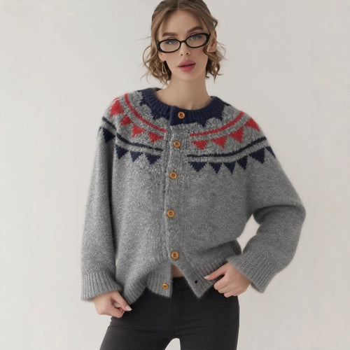 Damen kuscheliger Strickcardigan mit grafischem Norweger-Muster und Holzknopfdetails Drune
