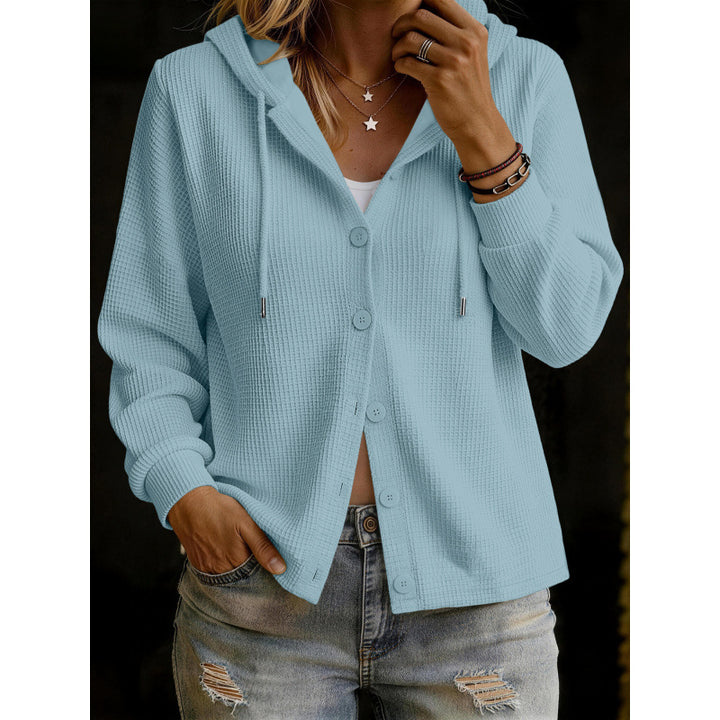 Damen Kapuzenstrickjacke im Waffelstrick mit Knopfleiste Drune