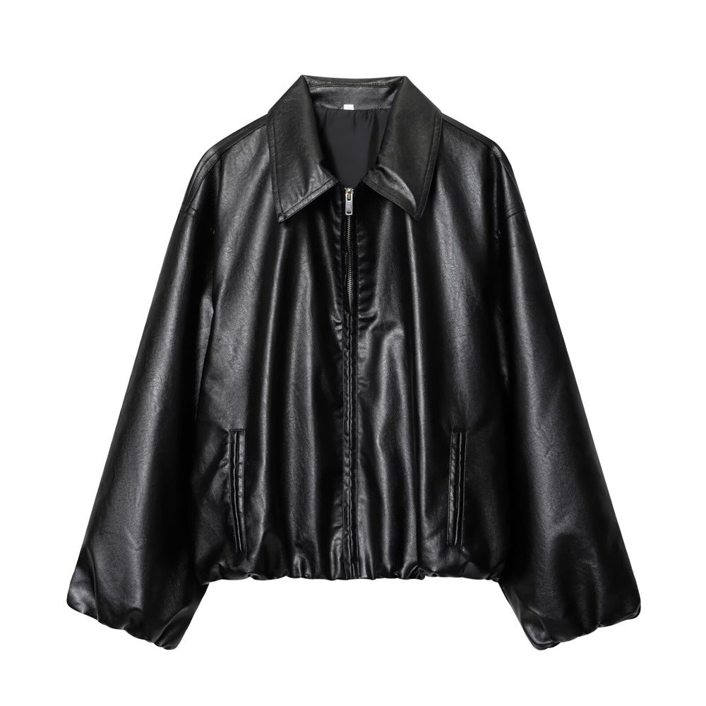 Damen Kurz geschnittener Oversize‑Blouson aus veganem Kunstleder mit Hemdkragen und elastischem Saum Drune