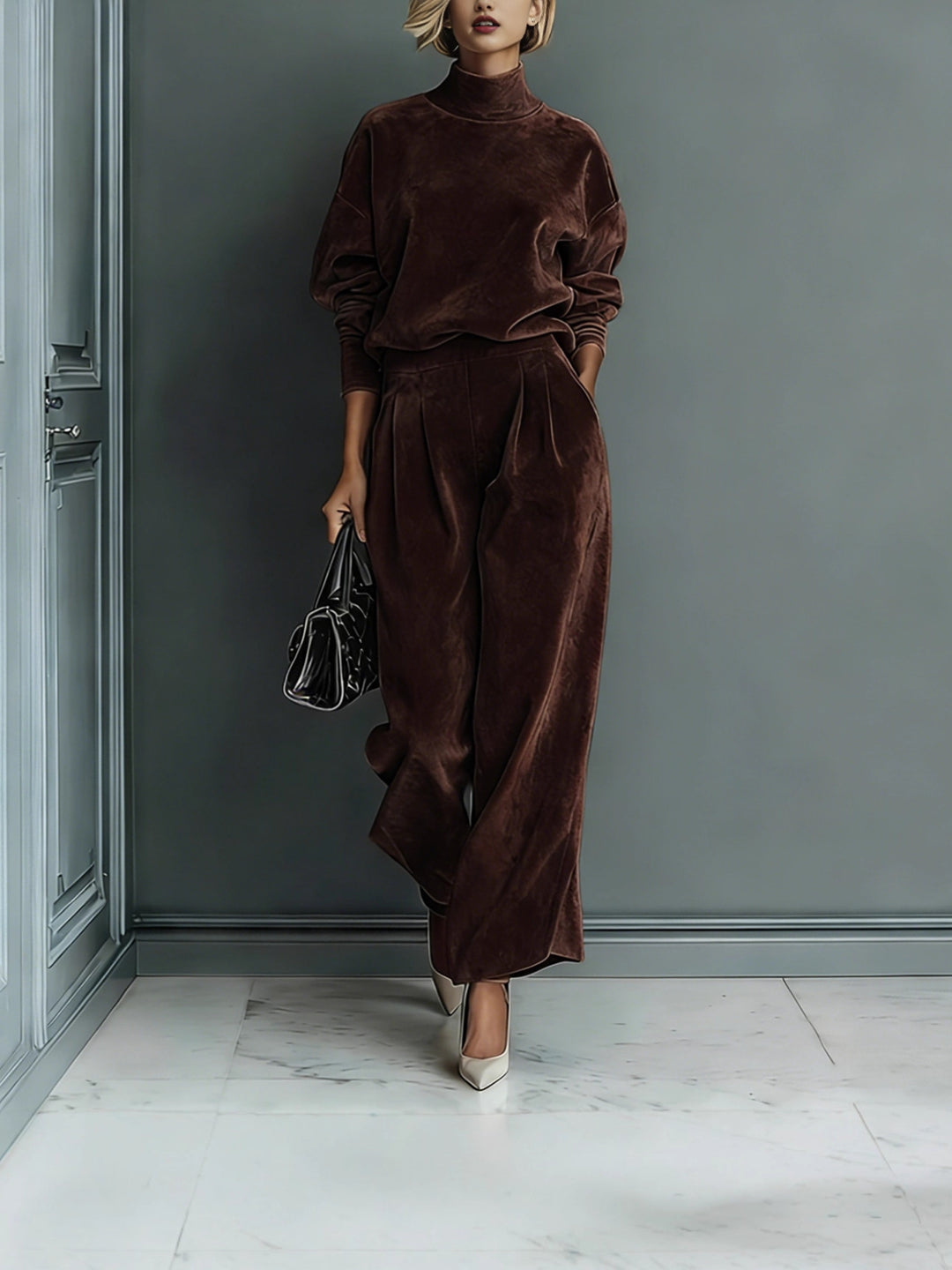 Damen Samt-Lounge-Set mit Rollkragenpullover und weiter Plissee-Hose Drune