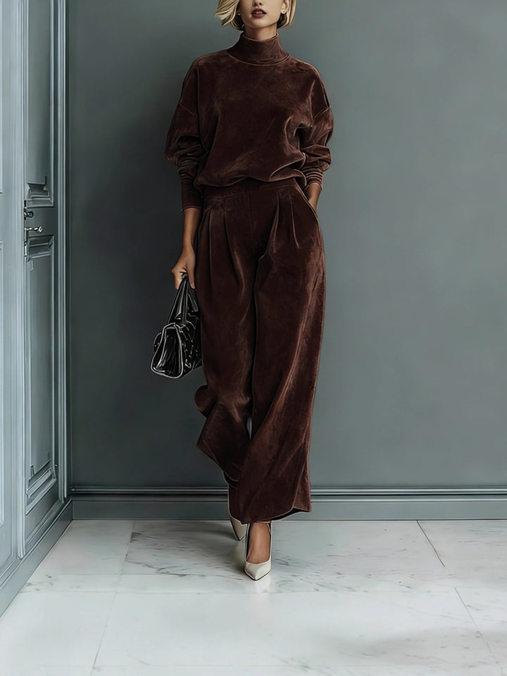 Damen Samt-Lounge-Set mit Rollkragenpullover und weiter Plissee-Hose Drune