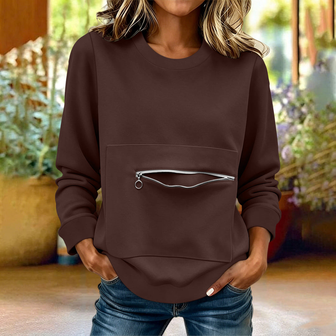 Damen nan locker geschnittenes Sweatshirt mit Frontreißverschlusstasche und Rundhalsausschnitt Drune