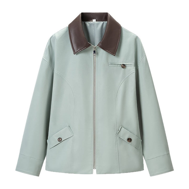 Damen Boxy-Übergangsjacke aus veganer Glattlederoptik mit kontrastierendem Hemdkragen und Pattentaschen Drune