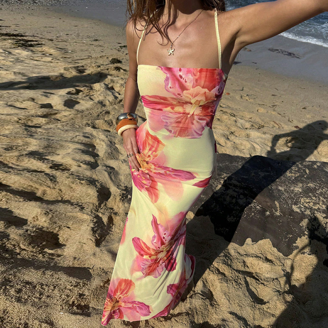 Damen Maxi Kleid mit floralem Design und Spaghettiträgern Drune