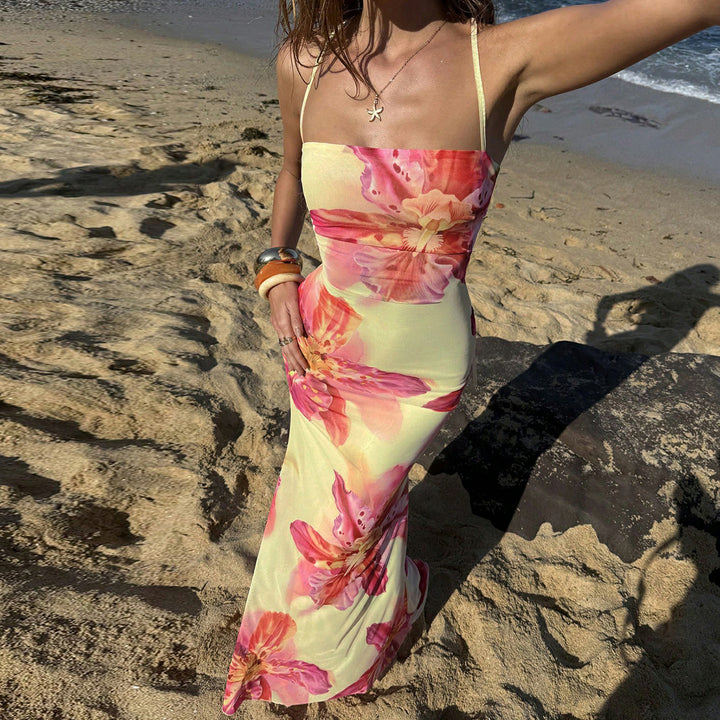 Damen Maxi Kleid mit floralem Design und Spaghettiträgern Drune