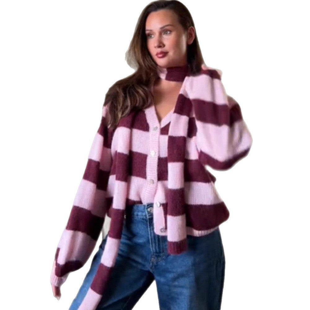 Damen Oversize Strickcardigan-Set mit Blockstreifen, Knopfleiste und passendem Schal Drune