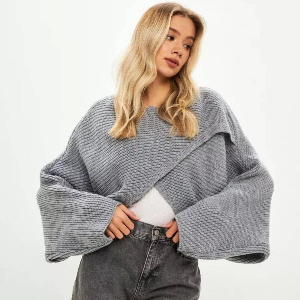 Damen lässiger Wickelpullover mit weitem Schnitt und strukturiertem Material Drune