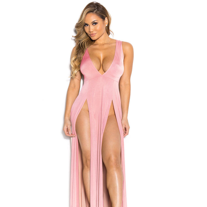 Damen elegantes Maxikleid mit tiefem V-Ausschnitt und seitlichen Schlitzen Drune