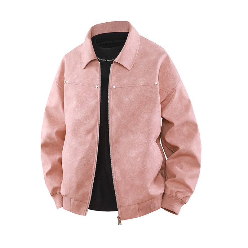 Herren Vintage-inspirierte Veloursleder-Optik Bomberjacke mit Hemdkragen & Rippbund Drune