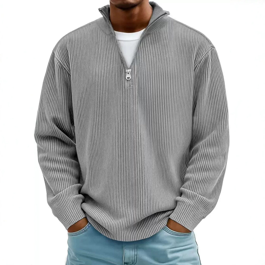 Herren Gerippter Halbzip-Strickpullover mit Stehkragen und lockerer Passform Drune