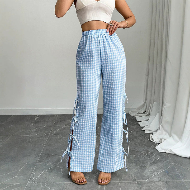 Damen High‑Waist Leinenoptik-Hose mit Gingham-Karo, weitem Bein & seitlichen Bändchen-Details Drune