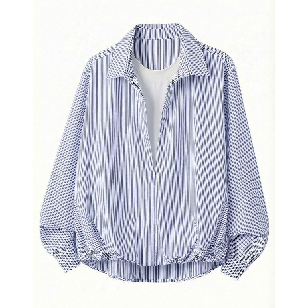 Damen Weites gestreiftes Hemdblusen-Shirt mit tiefem V-Ausschnitt und gerafftem Saum Drune