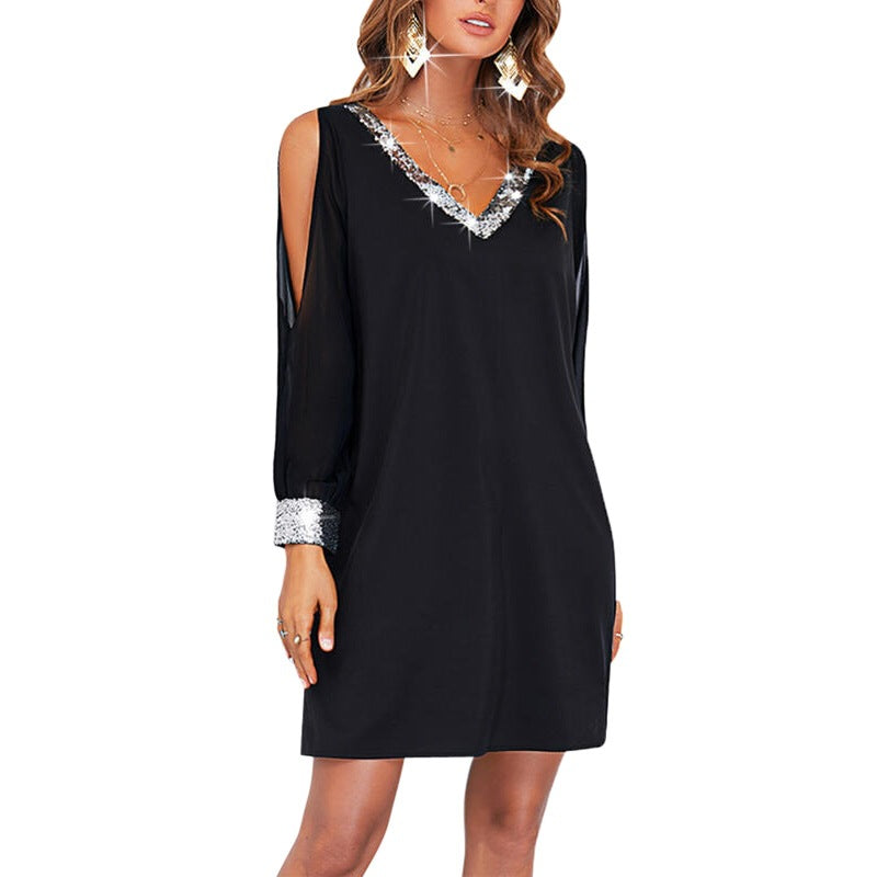 Damen elegantes Minikleid mit schulterfreiem Design und glitzernden Ärmeln Drune