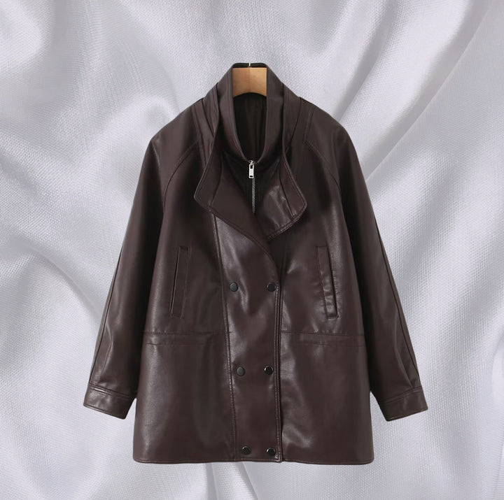 Damen Kunstlederjacke mit breitem Revers und praktischen Taschen Drune