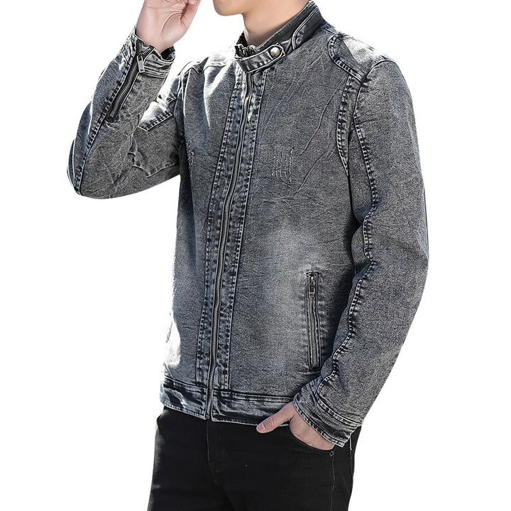 Herren Jeansjacke im Vintage-Washed Slim-Fit mit Stehkragen und Reißverschluss Drune