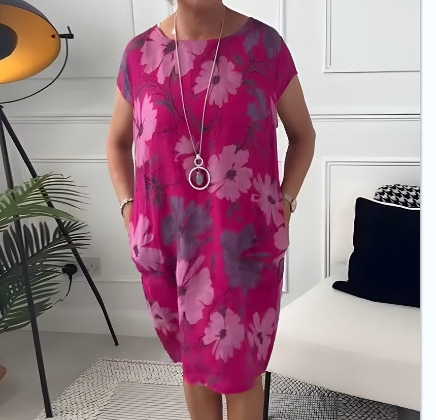 Damen nan luftiges Tunika-Midikleid aus Leinenmix mit Aquarellblütenprint und Seitentaschen Drune