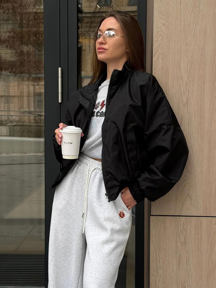 Damen Oversize Cropped Bomberjacke mit Stehkragen und Reißverschluss Drune