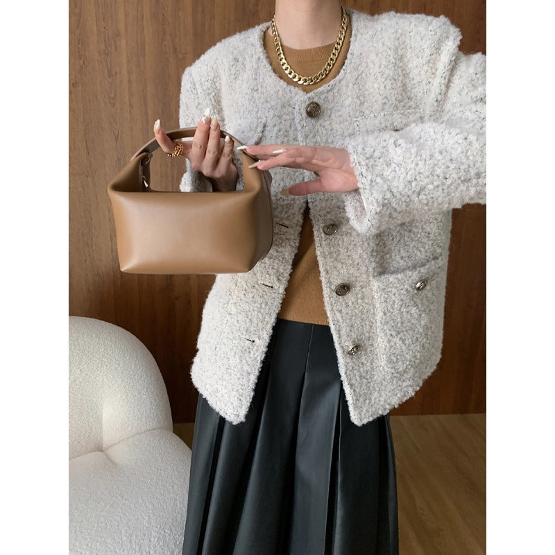Damen lässige Wolljacke mit strukturiertem Obermaterial und luxuriösen Knöpfen Drune