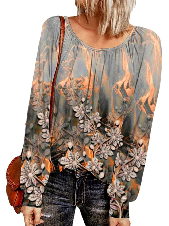 Damen Ethno-Print Oversize-Tunika mit Rundhalsausschnitt und langen Ballonärmeln Drune