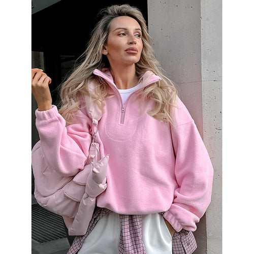 Damen Oversized Fleecepullover mit halbem Reißverschluss und Stehkragen Drune
