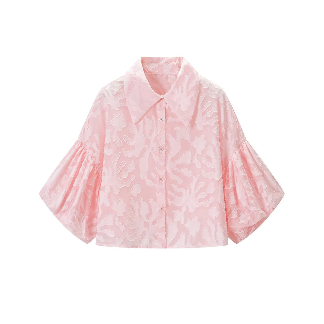 Damen Transparente Organza-Bluse mit weitem Schnitt, Volumenärmeln und Hemdkragen Drune