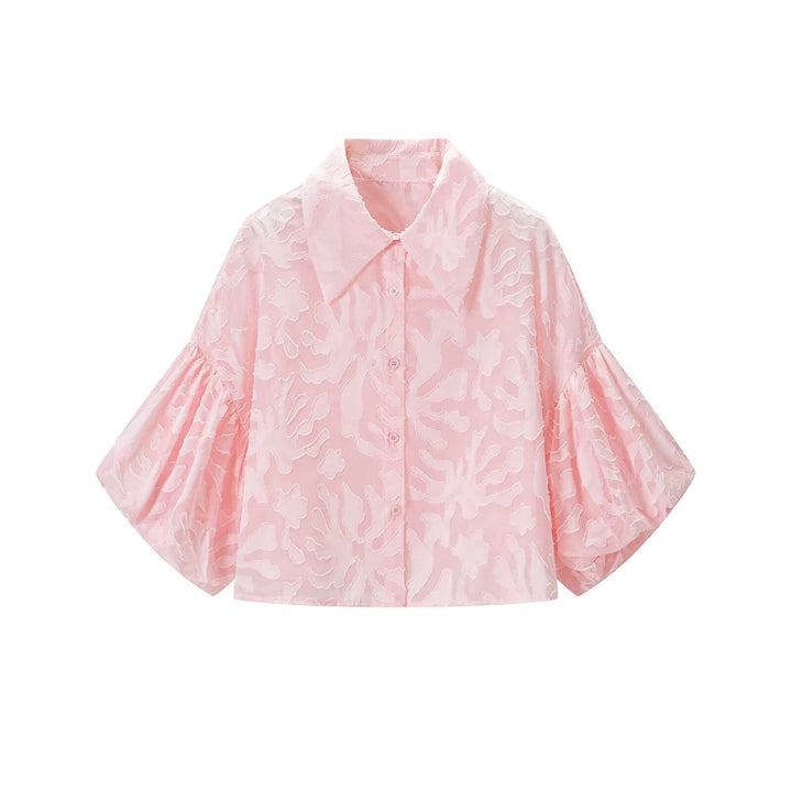 Damen Transparente Organza-Bluse mit weitem Schnitt, Volumenärmeln und Hemdkragen Drune