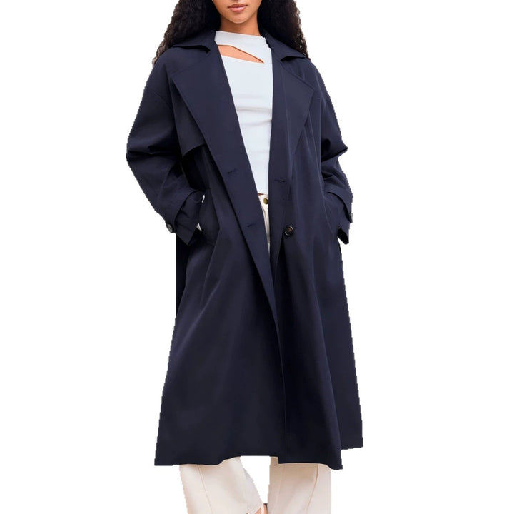 Damen Langer Trenchcoat-Mantel mit weiter Silhouette, Reverskragen und Taillengürtel Drune