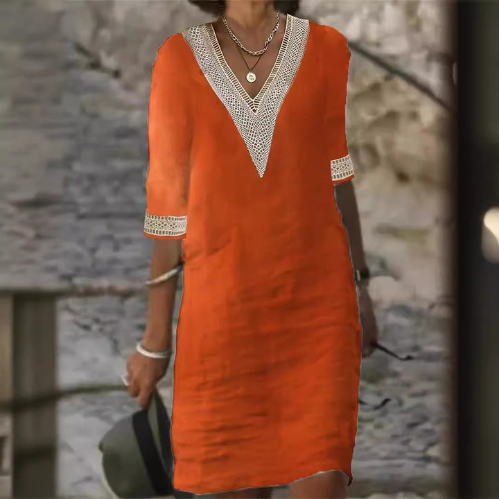 Damen Leinenlook Midi Kleid mit gehäkeltem V-Ausschnitt und 3/4 Ärmeln Drune
