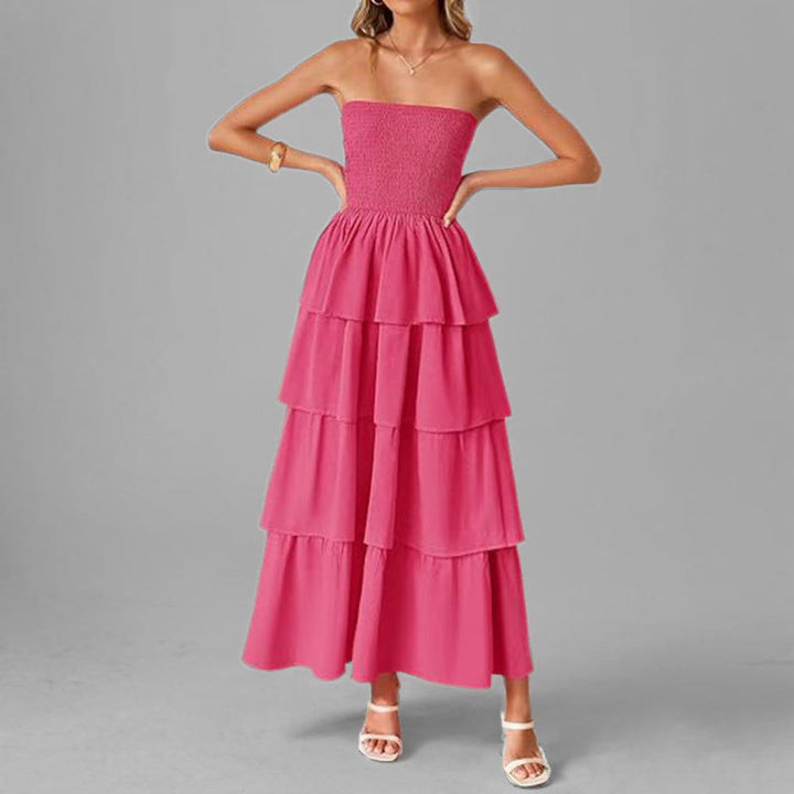 Damen Maxikleid mit schulterfreiem Design und voluminösem Stufenrock Drune