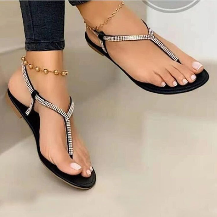 Damen Flache Zehentrenner‑Sandalen mit T‑Riemen und Strassbesatz Drune