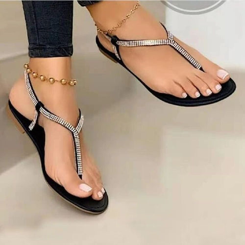 Damen Flache Zehentrenner‑Sandalen mit T‑Riemen und Strassbesatz Drune