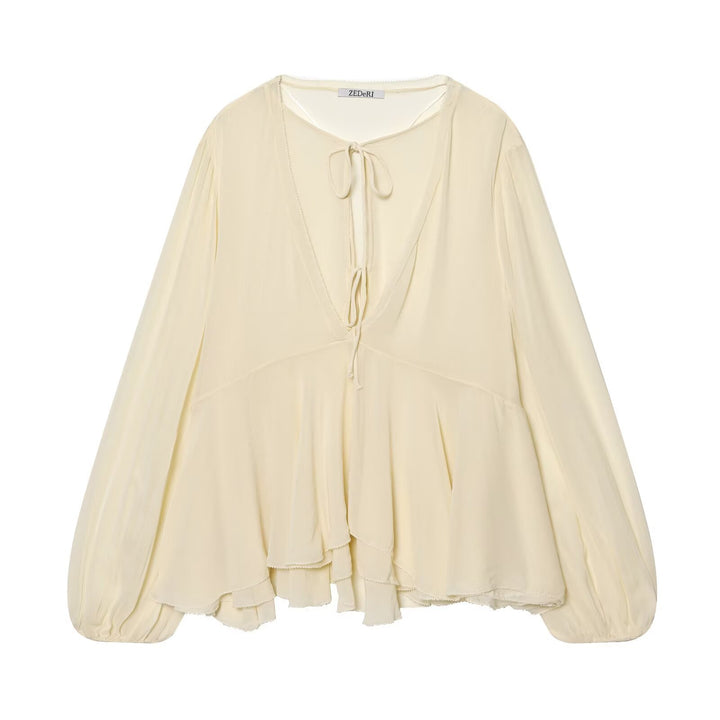 Damen Luftige Chiffon-Bluse mit tiefem V‑Ausschnitt, Bindebändern, Volantstufen und Ballonärmeln Drune