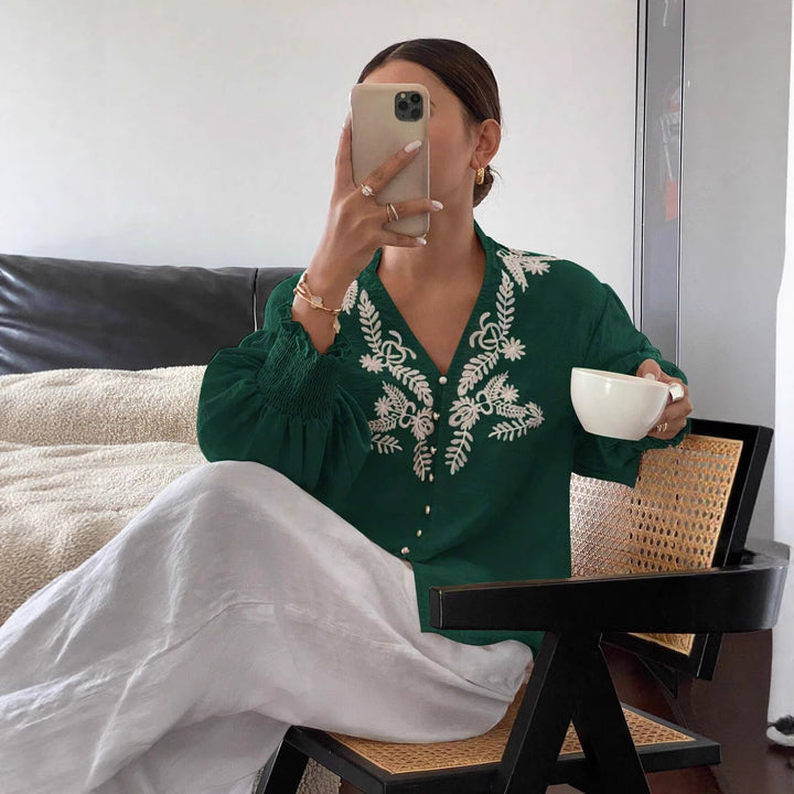Damen Boho-Bluse mit Puffärmeln, Stickerei und Perlenknöpfen Drune