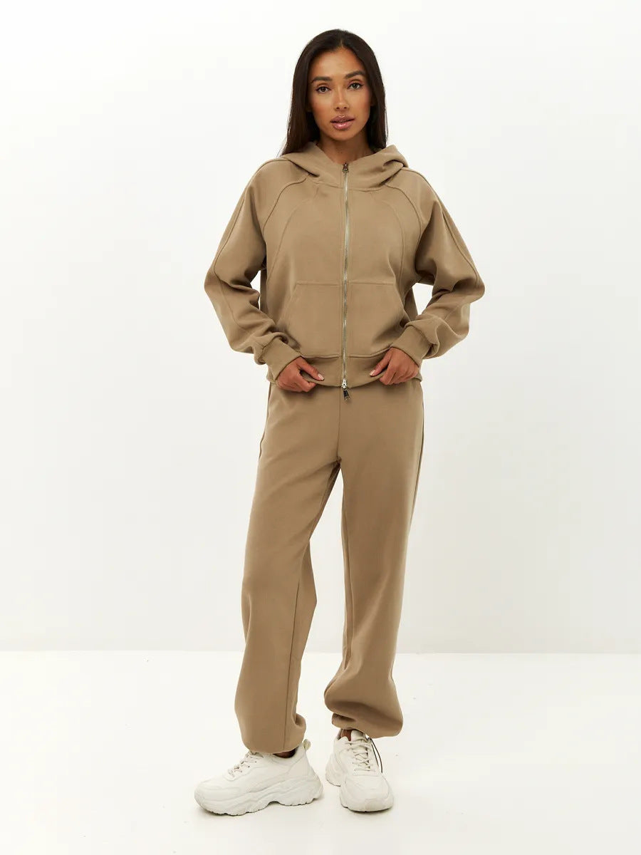 Damen entspanntes Fleece-Zweiteiler Set mit Raglan-Kapuzenjacke, durchgehendem Reißverschluss und gerader Relax-Jogginghose Drune