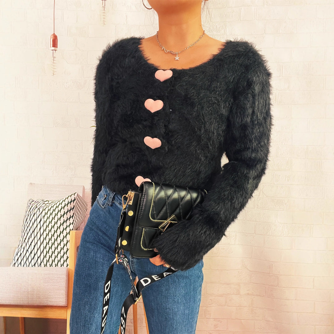 Damen flauschiger Cardigan mit Herzknöpfen Drune
