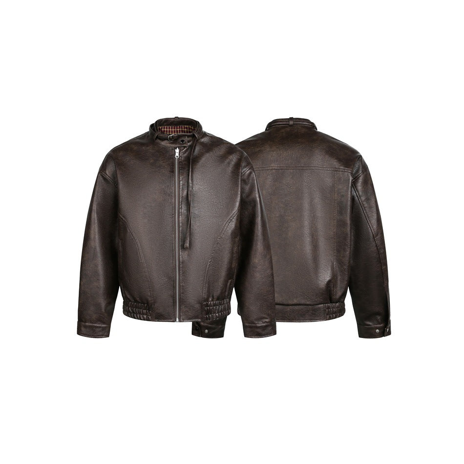 Herren Kurz geschnittener Vintage‑Lederblouson mit Schnallenkragen und elastischem Saum Drune
