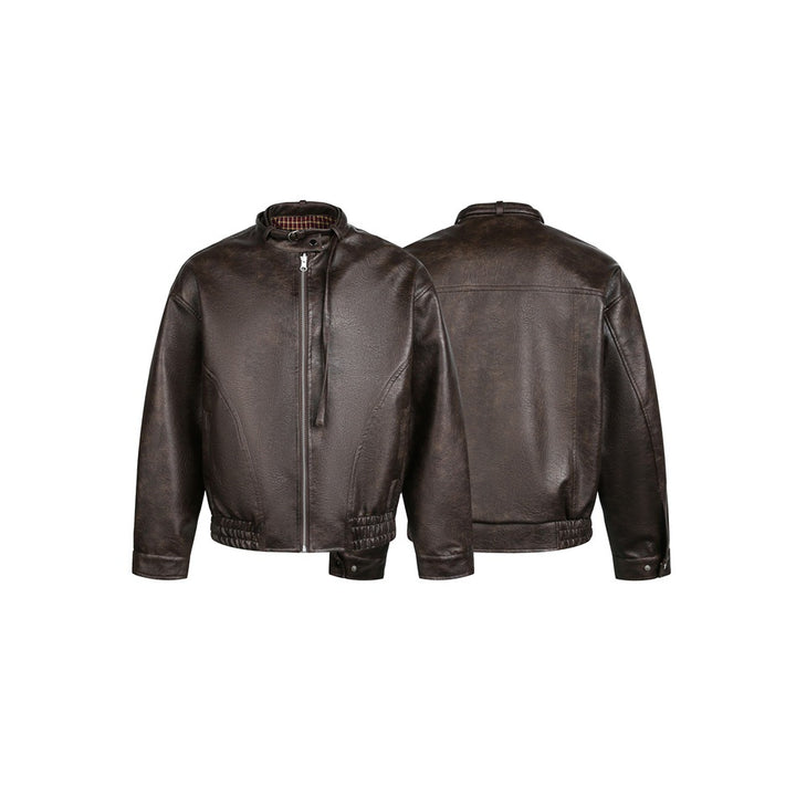 Herren Kurz geschnittener Vintage‑Lederblouson mit Schnallenkragen und elastischem Saum Drune